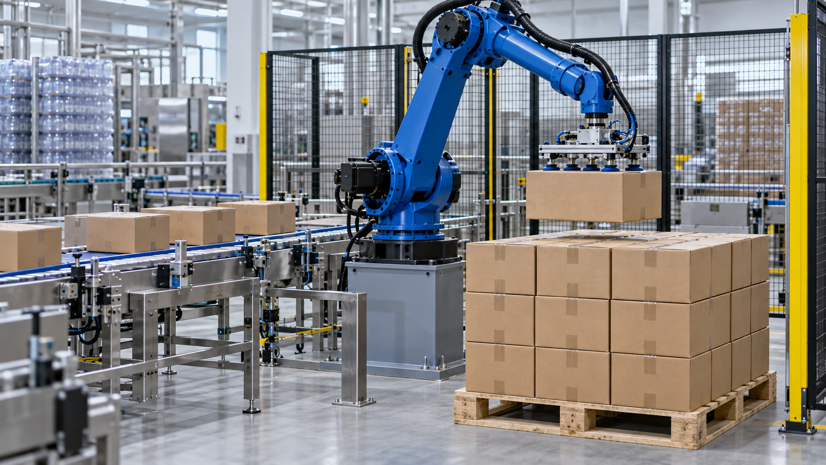 Blue industrial robot palletizing cartons beside a packaging conveyor